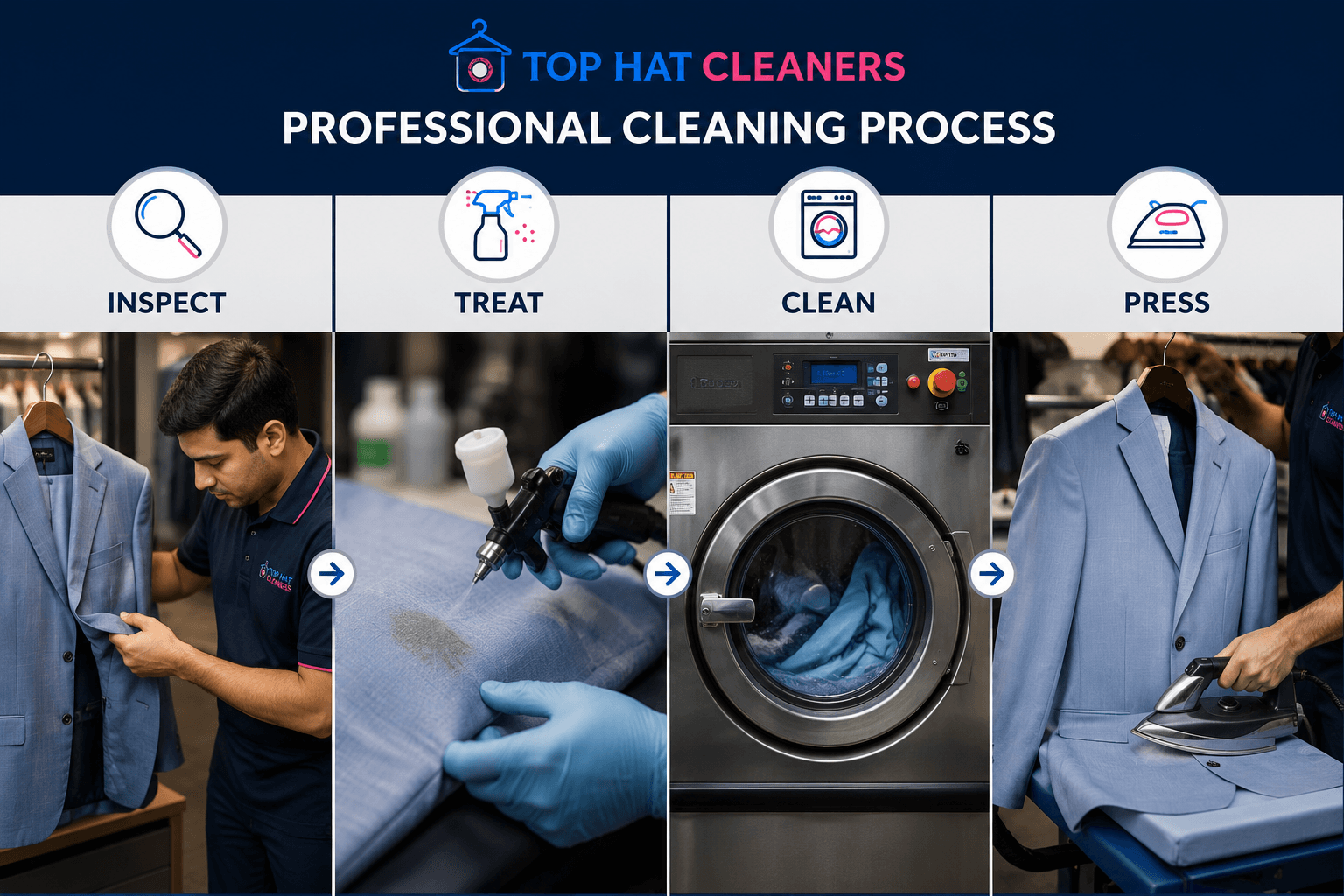 Professional garment cleaning process at Top Hat Cleaners